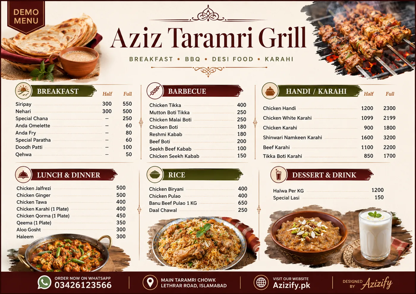 Aziz Taramari Grill restaurant menu design
