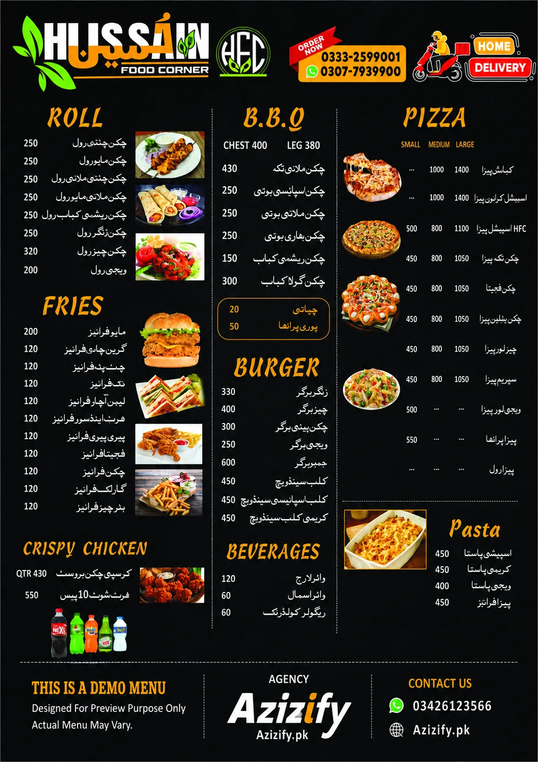 Hussain Food Corner restaurant menu design